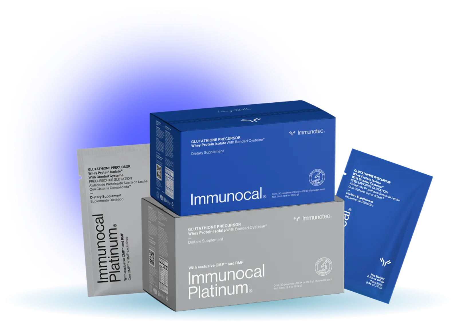 Presentación de cajas y sobres de Immunocal Azul e Immunocal Platinum, que contienen proteína bioactiva para para la salud celular.